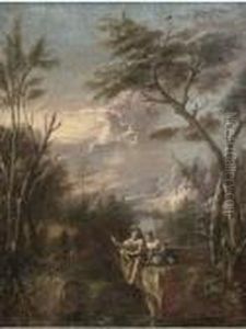 A Wooded River Landscape With Figures Fishing On A Cliff