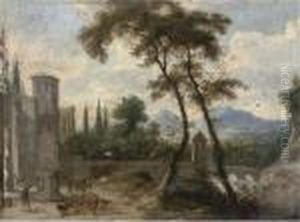 A River Landscape With A Turretted Bridge And A Drover By Astatue