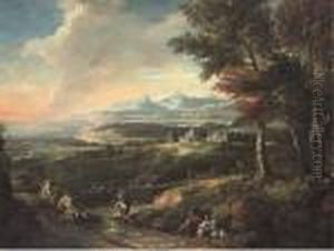 An Italianate Landscape With Monks And Other Travellers By A River,a Bay Beyond