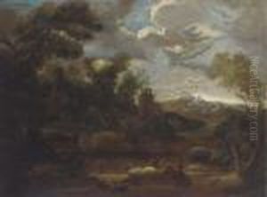 A Mountain Landscape With Anglers By A River, A Tower And A Townbeyond
