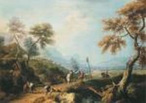 A Wooded Landscape, With 
Gentlemen In A Carriage On A Road In Theforeground, A Valley Beyond by Marco Ricci