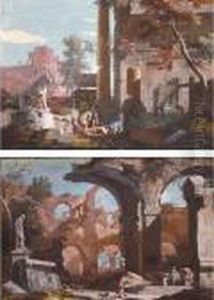 An Architectural Capriccio With Figures Investigating A Tomb Amongst Ruins