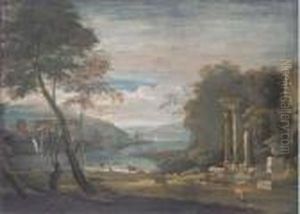 An Estuary With Ruins In The Foreground