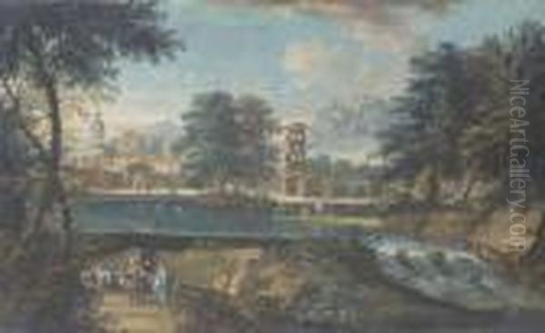 River Landscape With Bathers And A Town In The Background - view 1