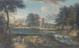 River Landscape With Bathers And A Town In The Background
