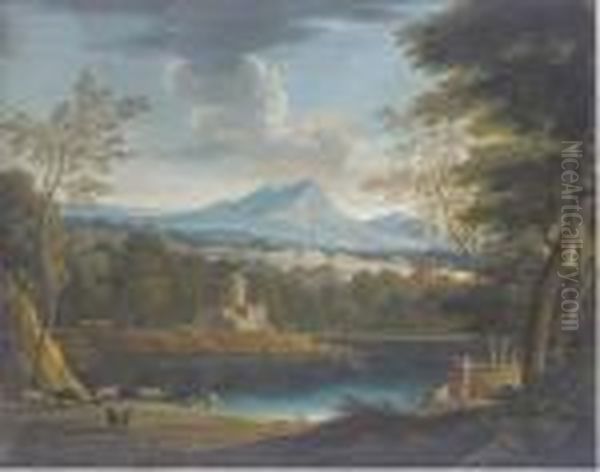 A Classical Landscape With A Fortress On A Lake, Cattle In Theforeground - view 1