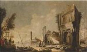 A Capriccio Of A Mediterranean Harbour With Figures Amongstclassical Ruins
