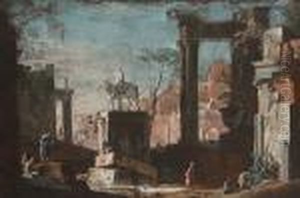Figures Amongst Ruins With An Equestrian Statue - view 1
