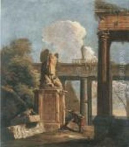 A Capriccio Of Roman Ruins With Soldiers Beside The Statue Of Marius by Marco Ricci