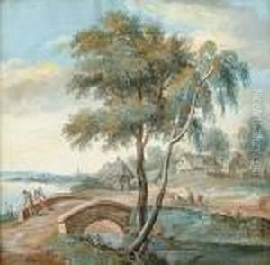 Village By A Lake With Two Figures On A Bridge And On The Bank Beyond