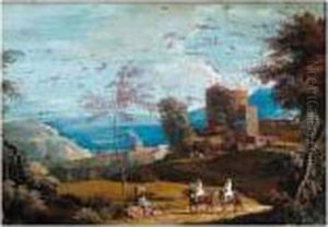 A Landscape With Travellers On A Road And Buildings And Mountains In The Background