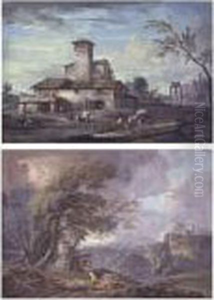 An Italianate Landscape With A
Farmhouse And Ruins In The Distance And An Extensive Italianate
Landscape With Peasants And Animals Running From An Approaching Storm: A
Pair Of Paintings by Marco Ricci