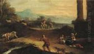 An Extensive Landscape With Shepherds And Other Figures Byclassical Ruins