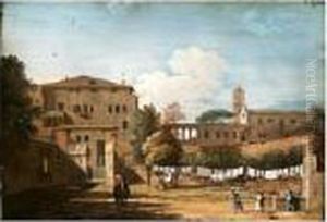 View Of An Italianate Courtyard With Women Hanging Washing By A Fountain