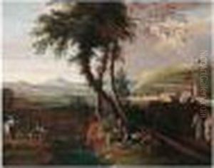 A Landscape With Figures Resting By A Stream Near The Outskirts Of A Town by Marco Ricci