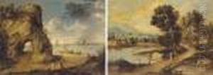 Shipping In A Bay With Figures 
Conversing On The Shore; And Farmers On A Bridge In An Extensive 
Landscape by Marco Ricci