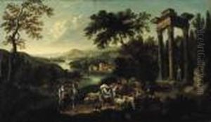 Pastori Con Armenti In Un
Paesaggio Fluviale, Con Rovine Classiche E Un Borgo In Lontananza by Marco Ricci