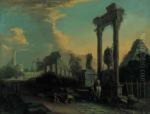 A Traveller And Peasants By A Fountain Amongst Roman Ruins