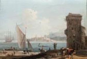 An Extensive View Of An Port With A Tower In The Foreground, A Fortbeyond
