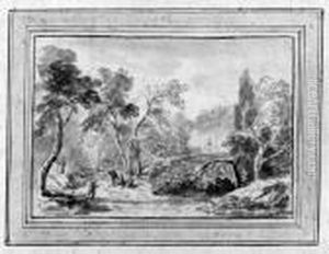 A Wooded Landscape With Figures Resting Along A Path