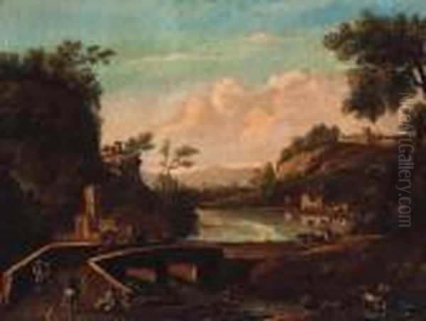 An Italianate River Landscape With Travellers And A Drover Crossinga Bridge - view 1
