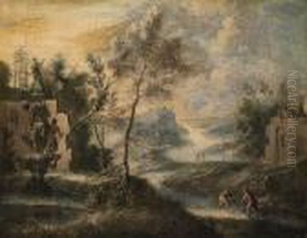 A River Landscape With Fisherman On A Bank Near A Fountain - view 1