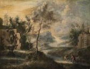 A River Landscape With Fisherman On A Bank Near A Fountain
