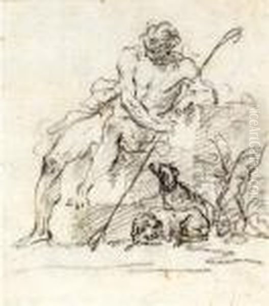 Un Berger Drape Assis Avec Deux Chiens - view 1