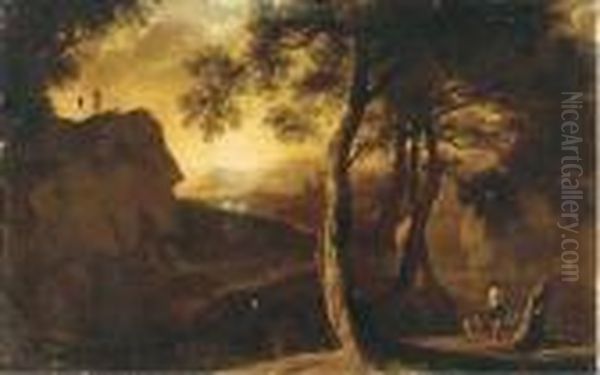 A Mountainous Landscape With Anglers And A Drover And His Cattle Ona Hill Top - view 1