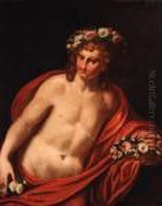 A Young Man With A Floral Wreath With A Basket Of Flowers, Holdinga Heart