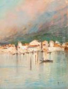 Marina Con Barca E Una Citta Sullo Sfondo by Oscar Ricciardi