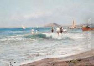 Figures Paddling On A Beach With Fishing Boatsbeyond Figures Paddling On A Beach With Fishing Boatsbeyond