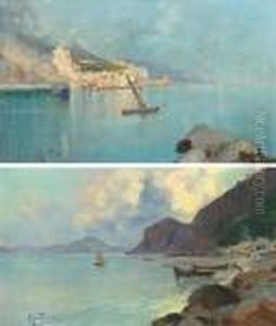 Fishing Boats In The Bay Of Naples; And A Fishing Boat Near Aneapolitan Port by Oscar Ricciardi