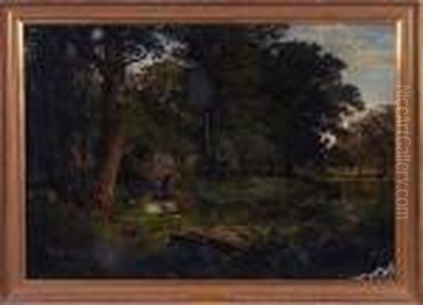 Woodland Landscape With 
Trickling Rocks And Pond, Oil Onmasonite, 24" X 34", Sll "w. T. 
Richards", Paint Loss Lower Right,inpaint. Artist: American, 1833-1905. 
Call For Shippingquote. - view 1