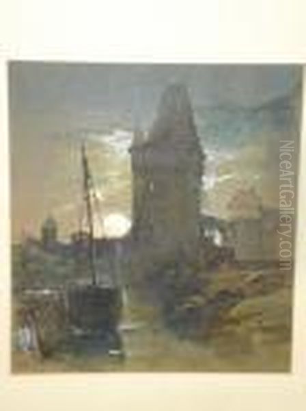 A Moonlit Landscape With Boats By A Towngateway And River - view 1