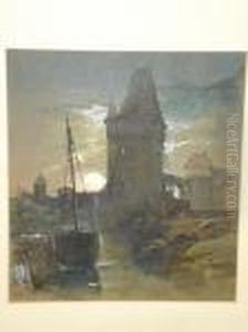 A Moonlit Landscape With Boats By A Towngateway And River by Thomas Miles Richardson