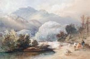 Figures On A Bridge, Mountains Beyond