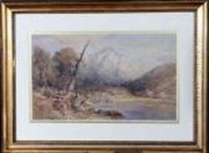 A Mountainous Landscape, Trees At The Shore Of A Lake by Thomas Miles Richardson