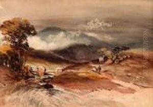 Inscribed To Mount From A Sketch Book (figures Walking In A Hilly Landscape) by Thomas Miles Richardson
