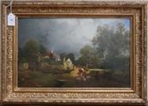 Pastoral Landscape With Farmer
And Livestock On A Road Walking Past An Industrial Complex by Thomas Miles Richardson