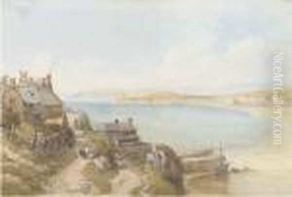 Figures On A Coastal Path, With Boats In The Bay Beyond - view 1