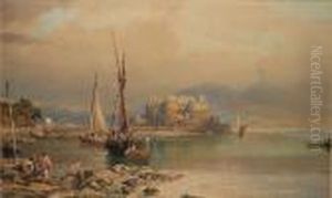 Castel Dell'ovo, Naples With Mount Vesuvius In The Background