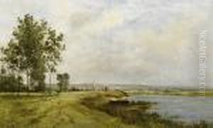 Riverscape With Small Town Church In Distance