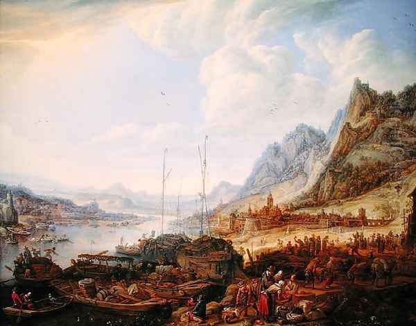 A Rhenish Landscape with Fishermen and Peasants at a Quayside - view 1