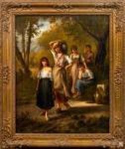 Waldlandschaft Mit Gruppe Von Bauernmadchen Beim Wasserholen An Einem Brunnen by Leon Richet
