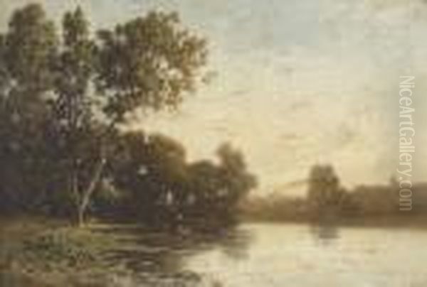 Uferpartie In Der Dammerung Mit Figur In Einem Boot - view 1