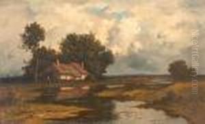 Landschaft Mit Haus Und Teich.
