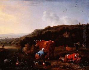 A pastoral landscape with a milkmaid and a sleeping cowherd by Herman Saftleven