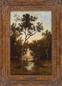 Person An Einem Gewasser Auf Einer Waldlichtung In Der Abenddammerung by Leon Richet