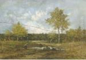 A Figure By A Pond In A Forest Clearing